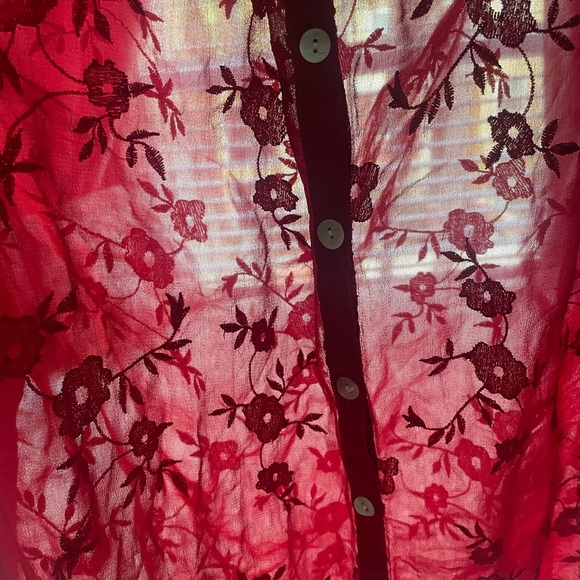 Vintage Red Floral Embroidered Sheer Button Down Shirt 90s Goth Vamp Fairy Boho - Picture 5 of 8